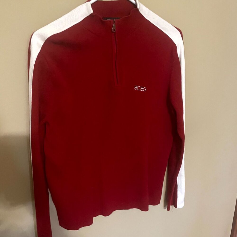 Vintage BCBG MAX AZRIA Ski Sweater - Deep Red 1/4 Zip w/White Stripe - Size S